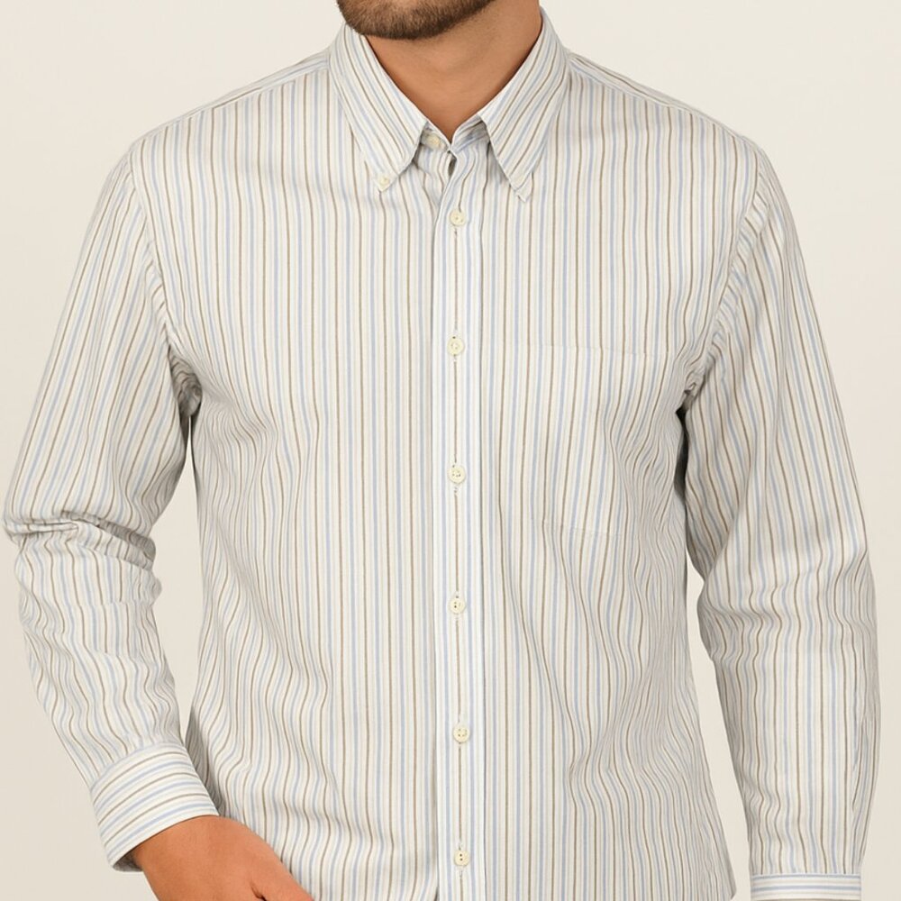 Perry Ellis Silk Blend Men’s Dress Shirt Blue Tan Striped Size L Long Sleeve